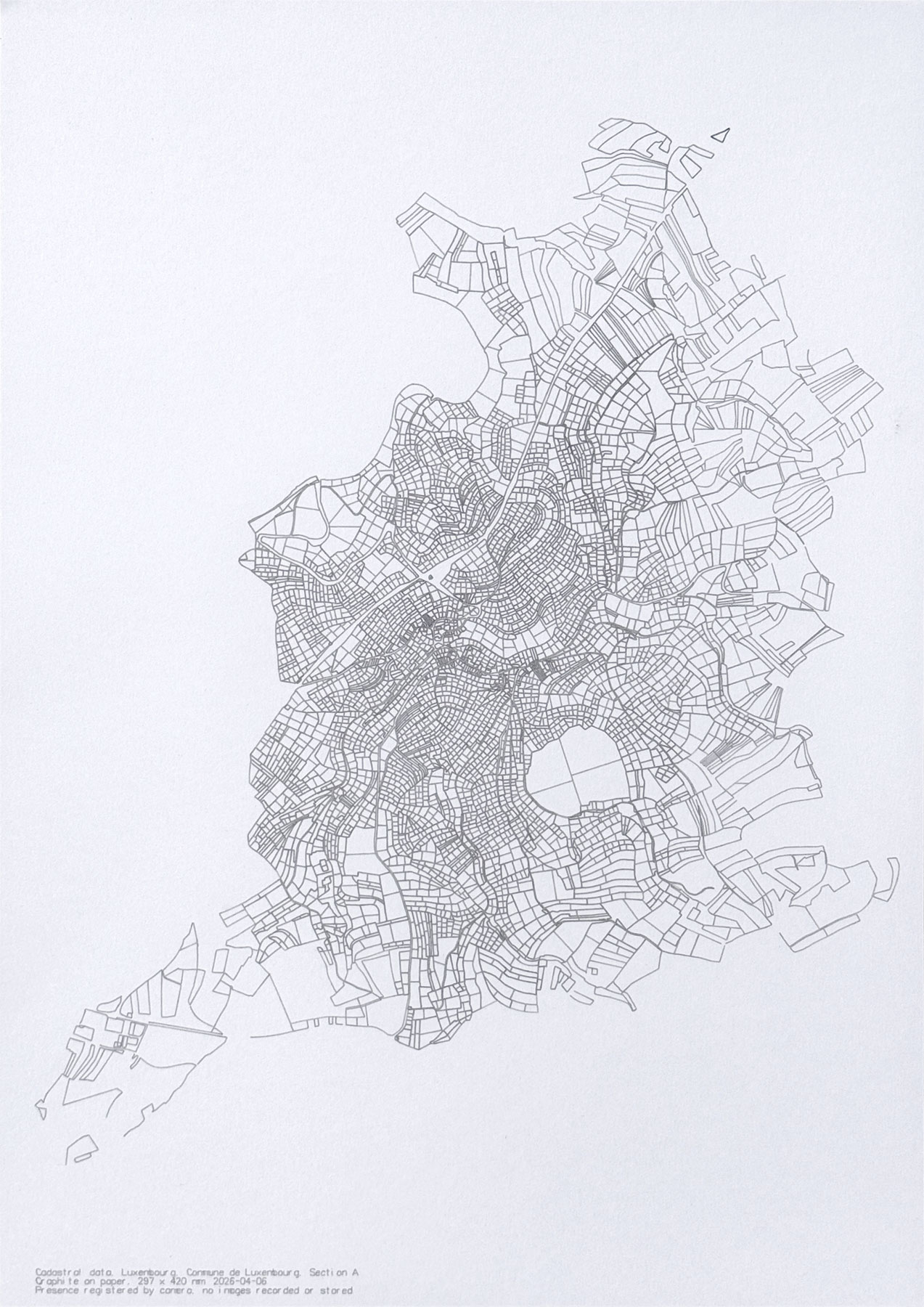 Attention Destroys Representation, cadastral drawing, late state. Dense subdivision approaching illegibility.