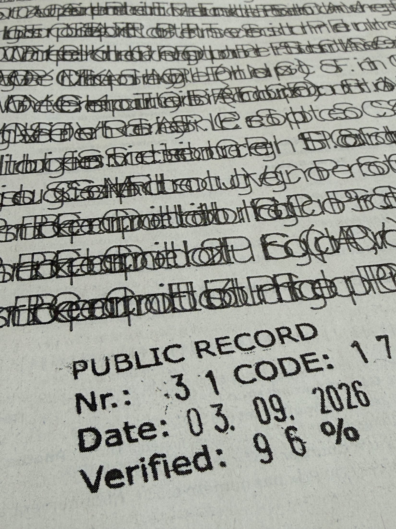 Close view of the printed page: overprinted company names in newsprint and the stamp reading Public Record, Nr. 31, Code 1741, Date 03.09.2026, Verified 96 %.