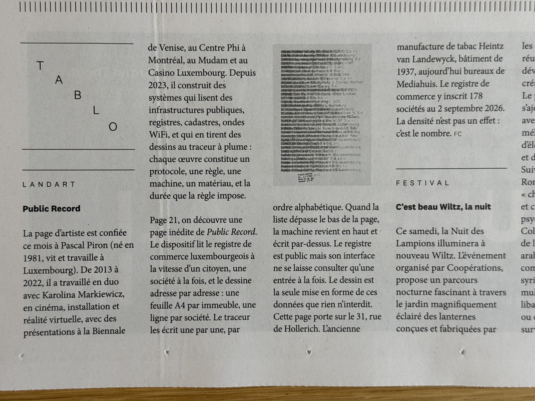 The Land Art box on page 20 of d'Lëtzebuerger Land, in French, with a small reproduction of the sheet.