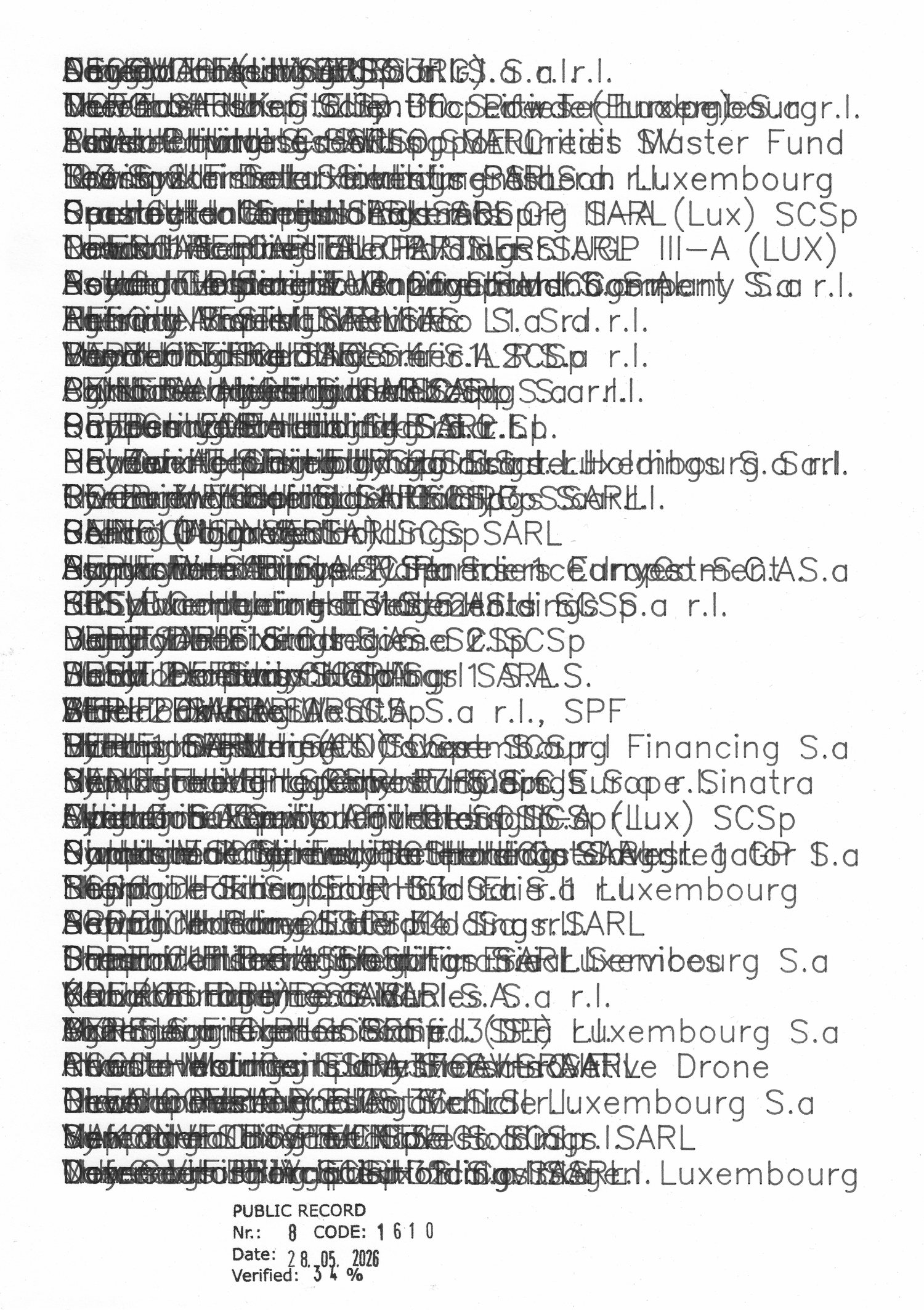 A completed plot of every company at one address, scanned from the finished A4 sheet. Where the address holds few entities the names stay legible, each line a single company, the page still readable as a list.