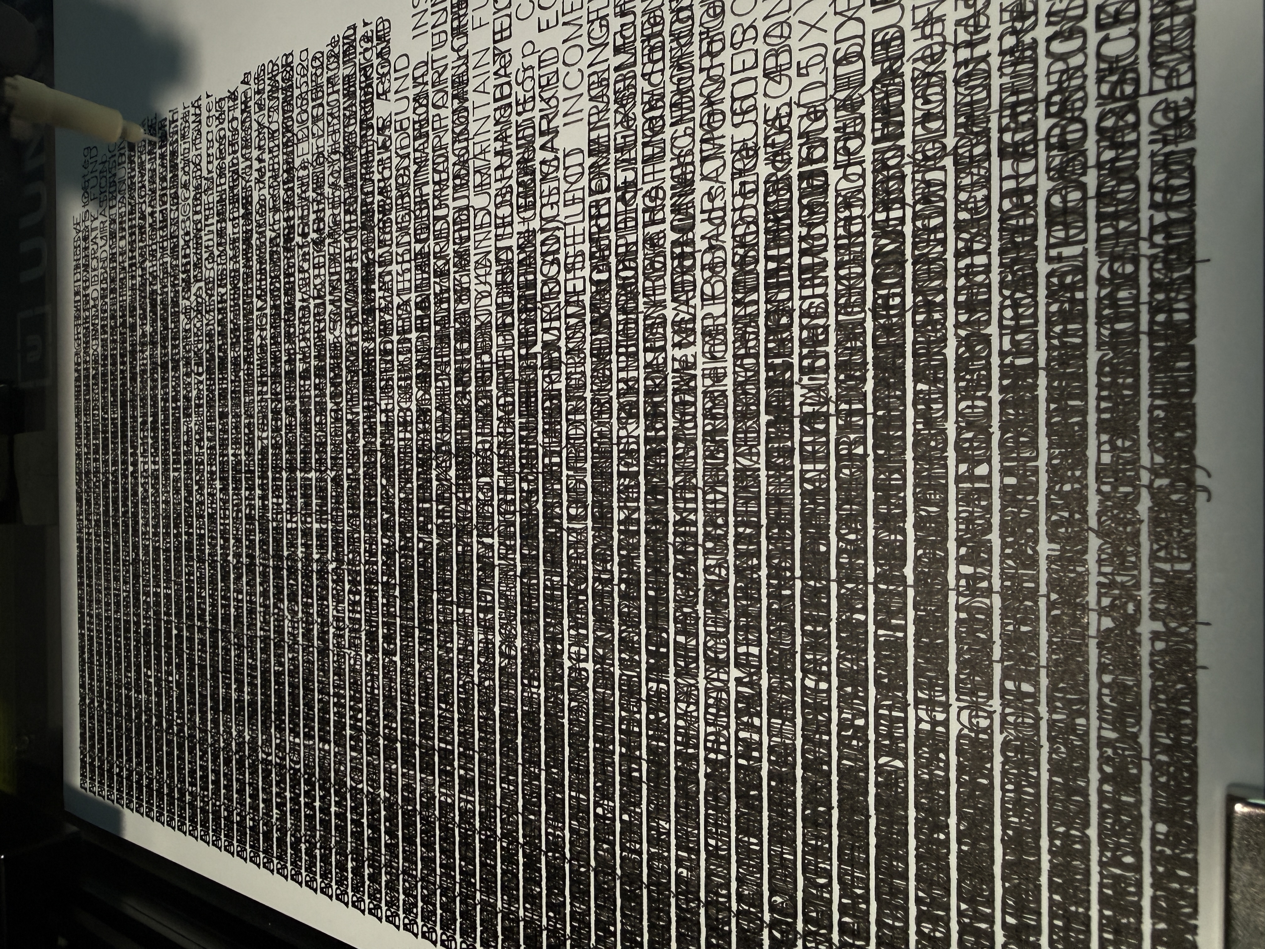 At roughly fifty percent completion, the page has become a dense field. Every name is still there, legible at the scale it was written, illegible at the scale of the page. One company at an address is a line of text. Enough of them make a document whose density carries the architecture of the address.