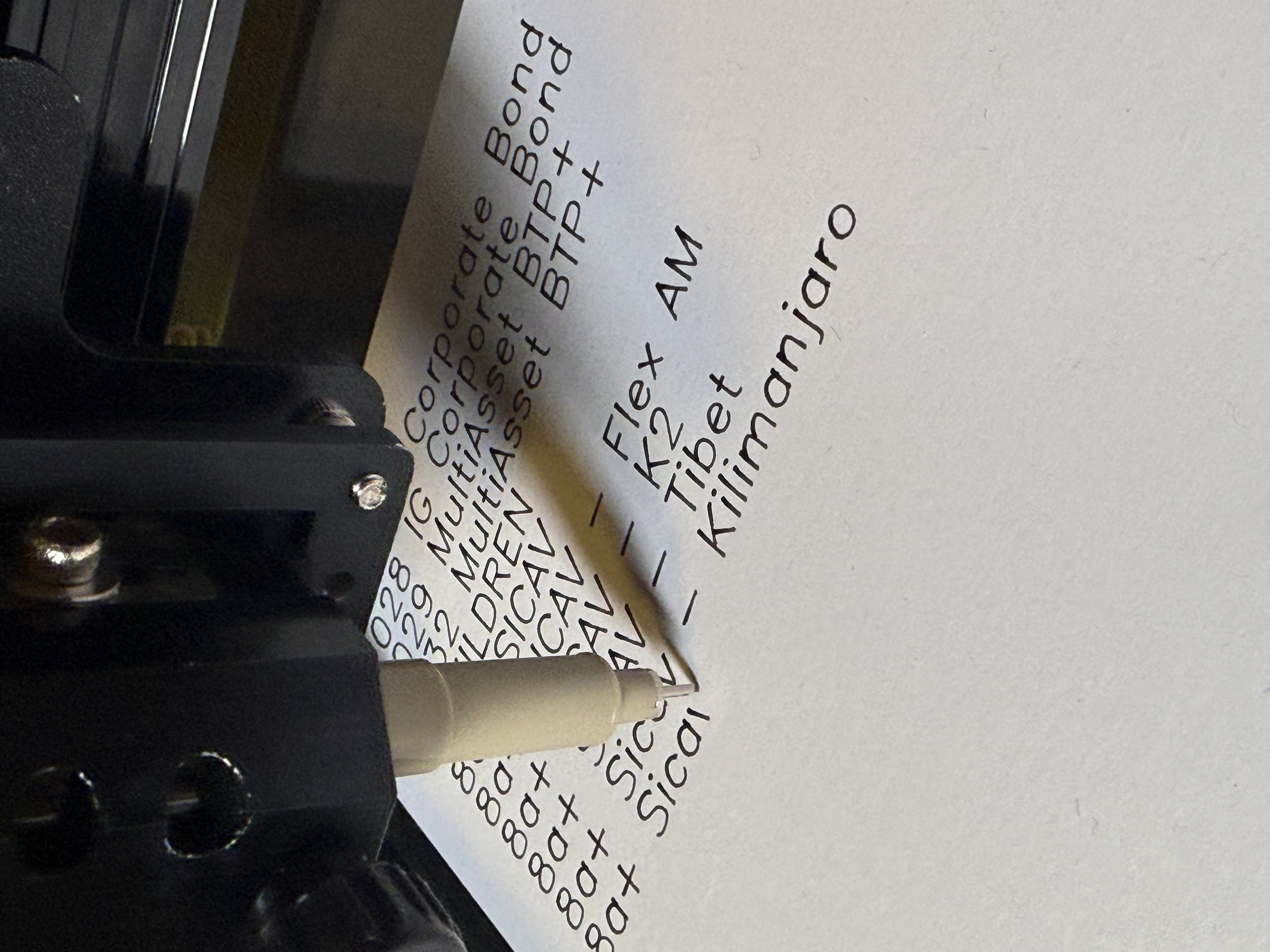 The plotter begins drawing the companies registered at 15, Boulevard F.W. Raiffeisen. Individual names remain legible, fund designations and SARLs and SICAVs, written in a single-stroke font designed in 1967 for plotters of this kind.